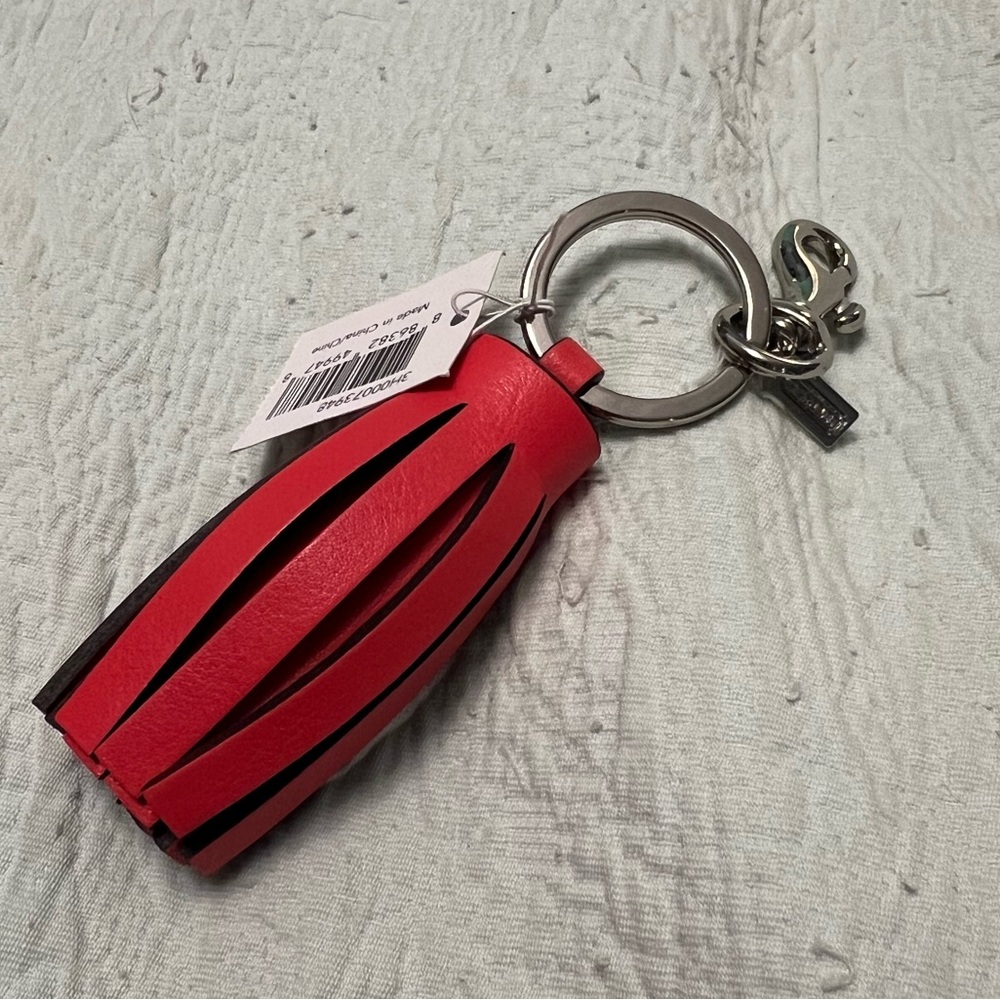 Coach Red Leather Tassel Keychain Bag Charm Silver Hardware 62376 NIB